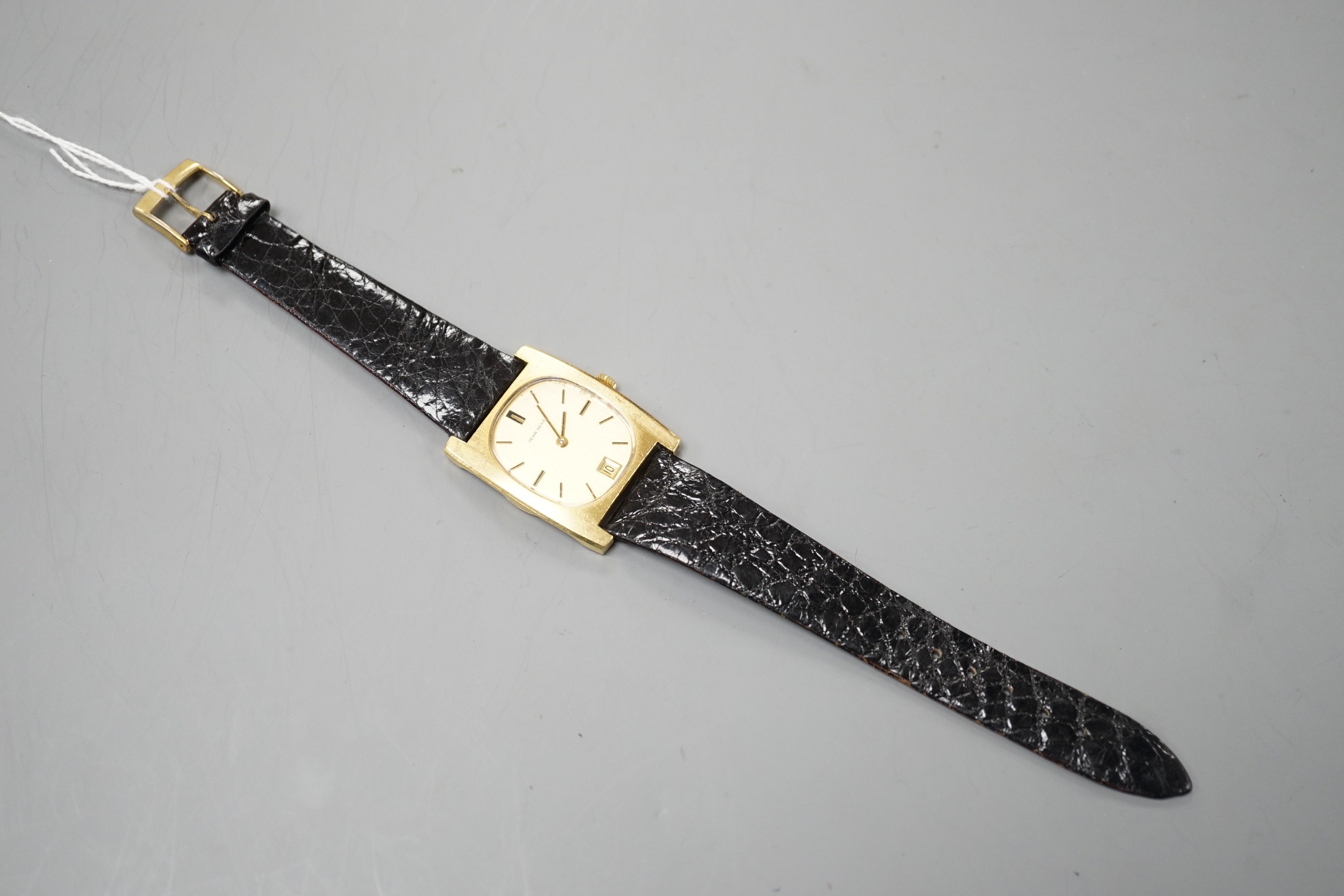 A gentleman's modern 18k Jean Renet manual wind wrist watch, on associated leather strap, case diameter 30mm, gross weight 31.6 grams.